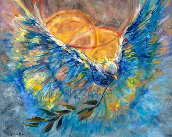 Blue Dove Carrying Olive Branch - Oil Painting or Print, Spiritual Modern Art Wall Decor, Noah's Ark Bird in Flight and Gold Sun