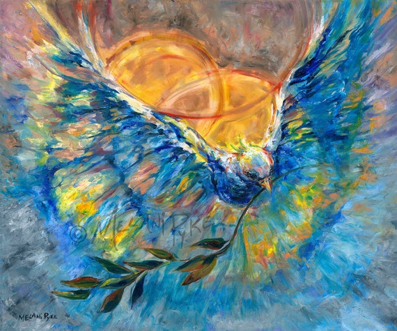 オリーブの枝を運ぶ青い鳩 - 油絵または版画、スピリチュアルな オリーブの枝を運ぶ青い鳩 - 油絵または版画、スピリチュアルな