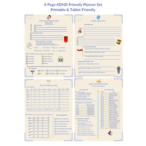 May include: A 4-page ADHD-friendly planner set, printable and tablet-friendly. The planner includes sections for daily adventures, weekly quest maps, and reflections. It features a hero's adventure guide and is designed to help with organization.