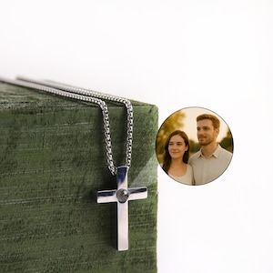 Couple Cross Necklace Photo • Christian Couple Projection Gift • Matching Religious Pendant for Him and Her • Faith Symbol Jewelry for Dad
