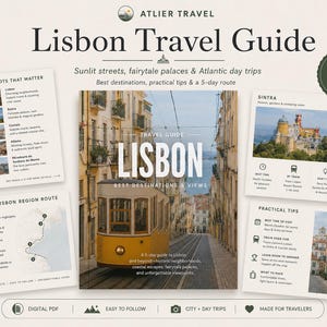 Op de afbeelding: Een 16-pagina tellende digitale reisgids voor Lissabon in PDF-formaat met een gele tram op de omslag, inclusief pagina's met een 5-daagse routekaart, het paleis van Sintra, praktische tips en locaties zoals Cascais en Alfama.