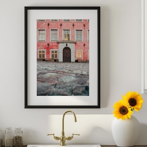 Impresión del Palacio Stenbock de Estocolmo: fotografía de la fachada barroca rosa, arte mural de Riddarholmen, arquitectura histórica sueca, calle adoquinada