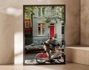 Georgetown Washington DC Red Door Photography Print – Historic Townhouse Wall Art, Cyclist Street Scene, Federal Architecture