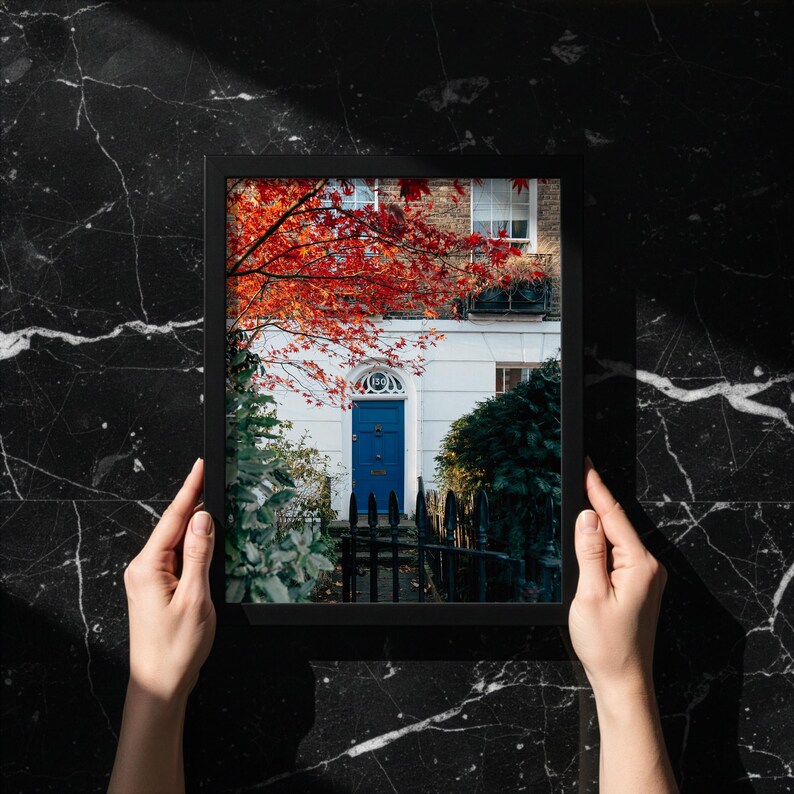 Blue Door Notting Hill Print, Autumn Maple Tree Urban Photography | London Townhouse Wall Art, Fall Foliage Decor, Housewarming Gift image 11