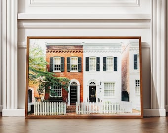 Georgetown Row Houses Print, Washington DC Wall Art, Colorful Brick Home Photography, White Picket Fence Decor