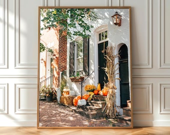 Alexandria VA Fall Doorstep Decor Photography Print - Autumn Pumpkins & Historic Rowhouse Wall Art