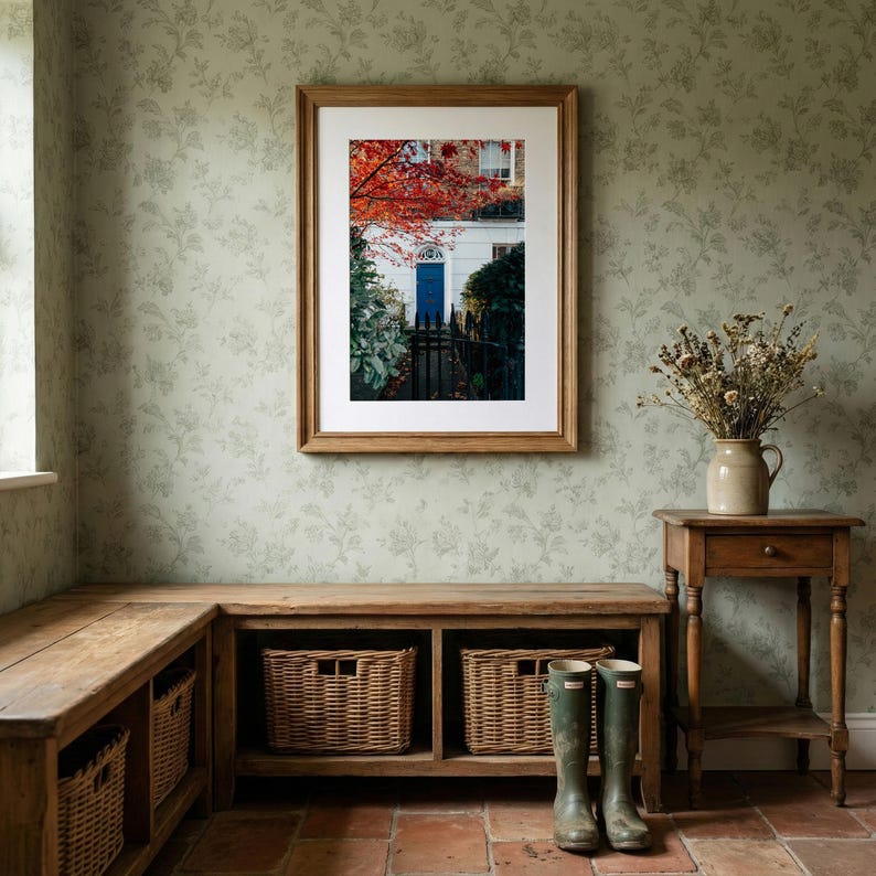 Blue Door Notting Hill Print, Autumn Maple Tree Urban Photography | London Townhouse Wall Art, Fall Foliage Decor, Housewarming Gift image 6