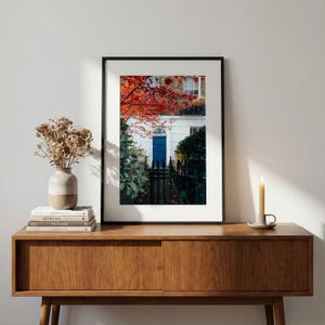 Blue Door Notting Hill Print, Autumn Maple Tree Urban Photography | London Townhouse Wall Art, Fall Foliage Decor, Housewarming Gift image 2