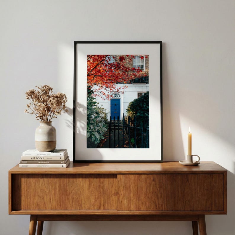 Blue Door Notting Hill Print, Autumn Maple Tree Urban Photography | London Townhouse Wall Art, Fall Foliage Decor, Housewarming Gift image 2