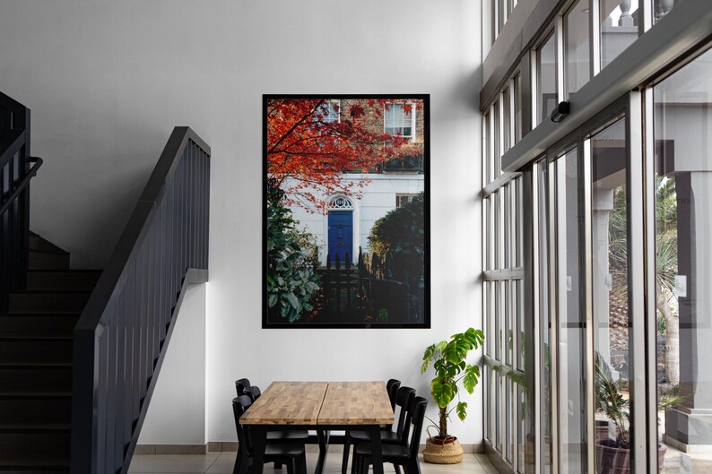 Blue Door Notting Hill Print, Autumn Maple Tree Urban Photography | London Townhouse Wall Art, Fall Foliage Decor, Housewarming Gift image 13