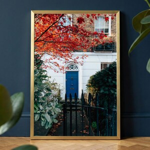 Blue Door Notting Hill Print, Autumn Maple Tree Urban Photography | London Townhouse Wall Art, Fall Foliage Decor, Housewarming Gift image 8