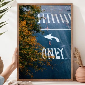 Left Turn Only Urban Street Photography Print – Blue Road, Orange Autumn Leaves, New York City Wall Art Poster