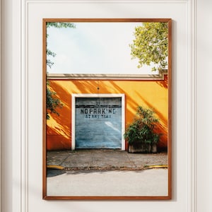 Brooklyn Street Photography Print: Orange Wall, Blue Garage Door