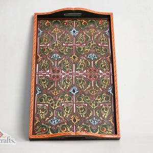 Large Hand-Painted Dark Green Wooden Tray 16x25&quot; Brown Serving Tray, Floral Decor Unique Handmade Gift, Coffee Table Tray, Housewarming Gift