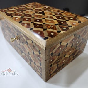 One of a Kind Thuya Wood JEWELRY BOX, 11x7 Moroccan HANDMADE Box with Pearl Inlay & Lock, Rustic Storage Box, Engraved Burl Wood Jewelry Box