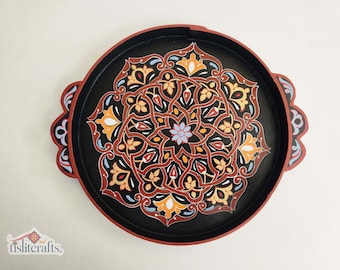Moroccan Hand-Painted Decorative Tray, 12-Inch Round Wooden Tray, Black Floral Design, Handmade Serving Tray, Housewarming Gift