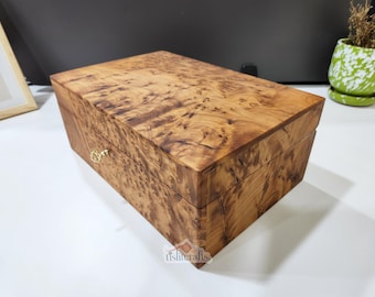 8x12" Hand-Carved Wooden Storage Box, Lockable Moroccan Jewelry Box, Artisan-Made Thuya Burl Box, Traditional Handmade Woodwork.