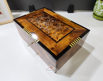 Luxurious Solid Thuya Burl Jewelry Box, Lockable Moroccan Keepsake With Detailed Mother of Pearl Inlay and Intricate Filigree Wire Accents.