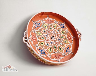 Moroccan Hand-Painted Decorative Tray 12-Inch, Round Wooden Tray with ORANGE FLORAL TRAY, Unique Handmade Serving Tray, Housewarming Gift