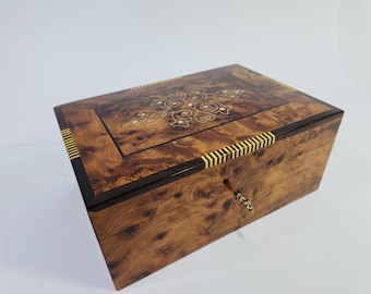 Handmade Solid Thuya Burl Jewelry Box 10x6, Lockable Moroccan Keepsake Chest with Mother of Pearl Inlay & Intricate Filigree Wire Detailing