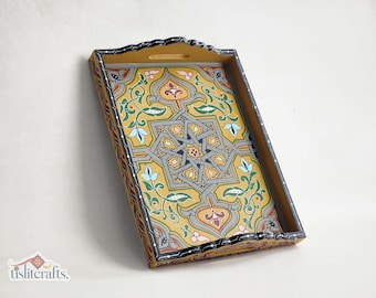 Rustic Yellow Gold Wooden Serving Tray 12x16, Hand-Painted Rectangular Tray with Gray Accents Decor, Handmade Gift by Tislit Crafts