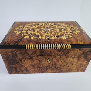 Large Lockable Thuya Wood Jewelry Box, Handmade Moroccan Burl Box with Mother of Pearl & Filigree Inlay, Luxury Gift, Unique Wooden Keepsake