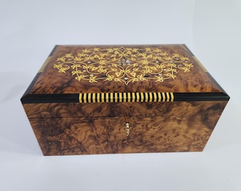 Large Lockable Thuya Wood Jewelry Box, Handmade Moroccan Burl Box with Mother of Pearl & Filigree Inlay, Luxury Gift, Unique Wooden Keepsake