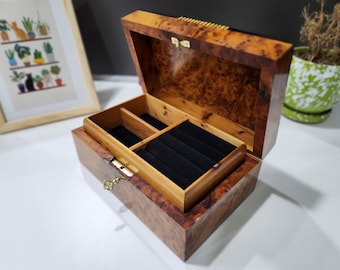 Authentic Moroccan Thuya Burl Wood Jewelry Box 8x5", Velvet-Lined Interior with Ring Storage, Luxury Artisan Gift, Elegant jewellery Box