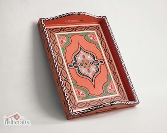 Hand-Painted Salmon Orange Wooden Tray, 12x16 Rectangular Floral Serving Tray, Boho Home Decor, Handmade Gift by Tislit Crafts
