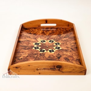 Wooden Serving Tray, Handmade Thuya Wood with Mother of Pearl Inlay, Rustic Decorative Tray for Coffee, Luxury Gift for Home or Kitchen