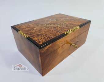 HANDMADE Solid Thuya Burl JEWELRY BOX – 10x6 Lockable Moroccan Box with Mother of Pearl Inlay and Delicate Filigree Wire Detailing, Box