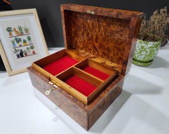 Thuya Burl Jewelry Box, 7x11 Lockable Geometric Wood Storage, Moroccan Artisan Keepsake, Velvet-Lined Interior with Jewelry Organizer