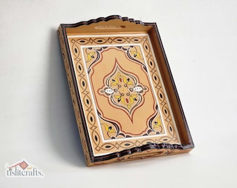 Hand-Painted Harvest Gold Wooden Tray, 12x16 Rectangular Serving Tray, Floral Decor, Rustic Handmade Gift, Tislit Crafts