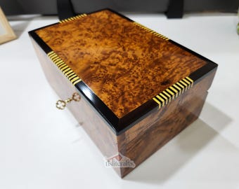 Authentic Moroccan Thuya Burl Jewelry Box 8x5", Handmade Solid Wood Lockable Box, Luxury Artisan Gift and Unique Decorative Piece.