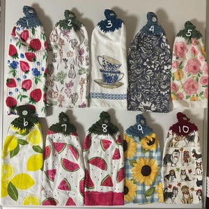 100% Cotton Kitchen Towels with Crocheted topper! Everyday and Holiday designs available.