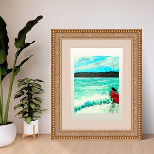 Ocean Woman Art Print: Red Dress Coastal Painting (Digital Download A4/A3 JPG)