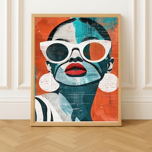 Bold modern digital girl art print, AI artful wall decor, downloadable aesthetic woman artwork, graphic summer fashion wall art