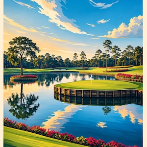 Può includere: Un'illustrazione vibrante di una scena di campo da golf. L'immagine presenta un lago sereno che riflette il cielo e gli alberi circostanti. Un campo da golf verde con una bandiera è al centro, circondato da una vegetazione lussureggiante e fiori colorati. Il cielo è blu brillante con nuvole soffici.