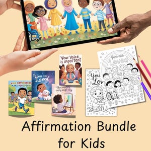 Pack d'affirmations « On vous aime » pour enfants : livre numérique, cartes-éclair, posters et pages à colorier