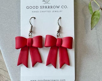 Handcrafted 3D Polymer Clay Bow Earrings - Bold Red Dangles