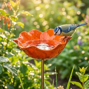 May include: An orange ceramic bird bath with a flower-shaped bowl, supported by a gold-colored metal pole. A small blue and yellow bird is perched on the edge, drinking water. The bird bath is surrounded by lush green foliage in a garden setting.