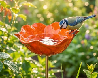 Piquet de bain d'oiseaux en fleurs de pavot, Piquet de jardin pour bains d'oiseaux en fleurs, Mangeoire à eau en métal pour oiseaux, Mangeoire pour oiseaux de jardin, Piquet de jardin pour bain d'oiseaux de pavot rouge