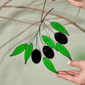 Olive branch stained glass suncatcher, Olive branch glass light catcher, Floral stained glass suncatcher, Botanical stained glass decor