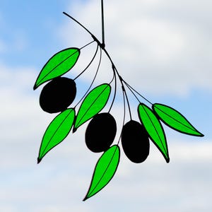 Olive branch stained glass window hanging, Olive branch suncatcher, Floral stain glass, Botanical hanging stained glass, Nature suncatcher