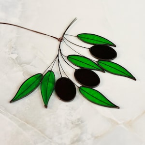 Olive stem stained glass suncatcher, Olive tree suncatcher, Olive branch stained glass, Stained glass suncatcher, Plants suncatcher