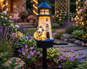 Faro solar para exteriores, estacas solares para jardín, estatua solar para jardín, luces solares para exteriores, estatuas LED para jardín, casita de hadas solar para jardín