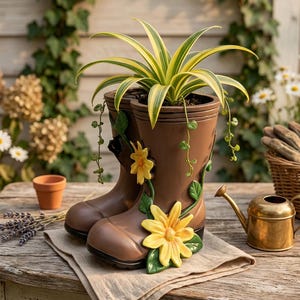 Peut inclure: Des jardinières en forme de bottes marron avec des accents de fleurs jaunes, contenant une plante verte et jaune. Les jardinières sont posées sur une table en bois avec un petit arrosoir, un pot en terre cuite et un panier de gants de jardinage. Thème de jardin décoratif.