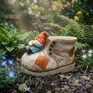 Peut inclure: Un pot de jardin fantaisiste en forme de botte usée, orné d'une figurine de gnome endormi. La botte est blanc cassé avec des patchs bruns et des détails de boutons noirs. Le gnome porte un chapeau rouge et une veste bleue, reposant sur le côté de la botte. Le pot est entouré de verdure.