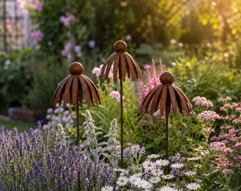 Metall Echinacea Gartenpfahl, Metallblumenpfahl, rustikale Gartenkunst, Metall Gartendekor, Gartenskulptur, Hofkunstpfahl, Outdoor Decor