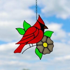 Buntglas Kardinal Sonnenfänger, Kardinal Sonnenfänger, Glas Kardinal, Sonnenfänger Vogel, Blumen hängenden Wanddekor, handgemachte Glaskunst
